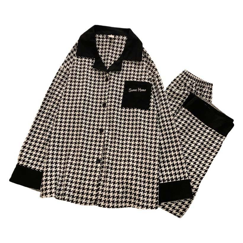 Corea del Sur houndstooth pijamas de alta calidad hombres y mujeres de primavera y otoño pantalones de manga larga pareja de dos piezas conjunto otoño e invierno internet celebridad ropa para el hogar