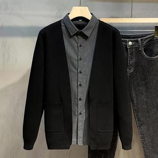 Fake two-piece knitted cardigan men's winter Korean style fashionable all-match stitching shirt collar coat men's black sweater fashion brand