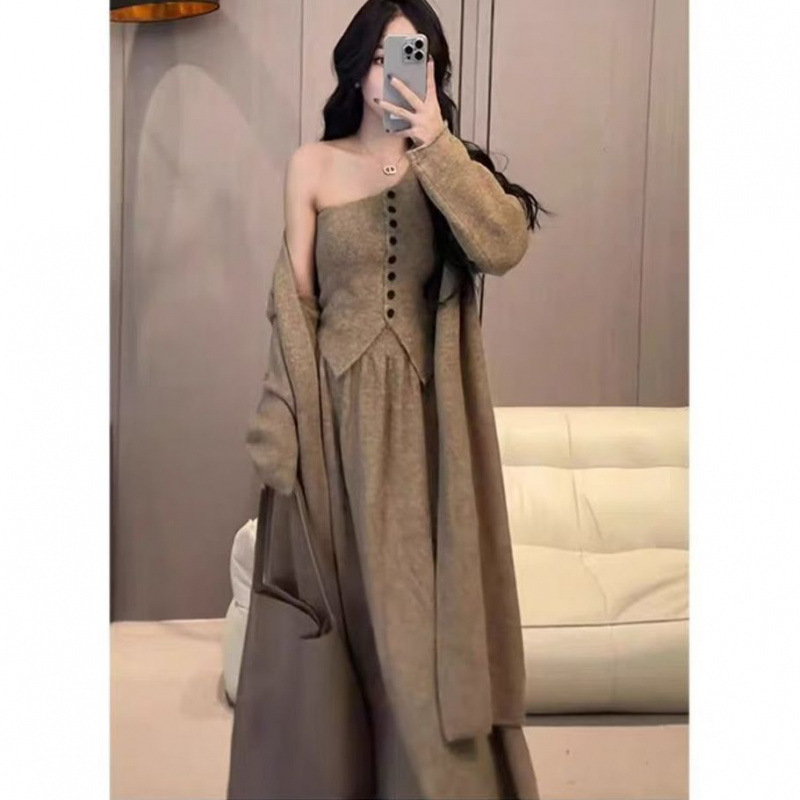 高级慵懒风针织开衫外套斜肩背心三件套女秋冬新款网红半身裙套装|undefined