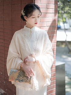 Retro Literary Autum and Winter Versatile Knitted Twist Jacket with Cheongsam Shawl Cloak Cardigan 2025 New Autum
