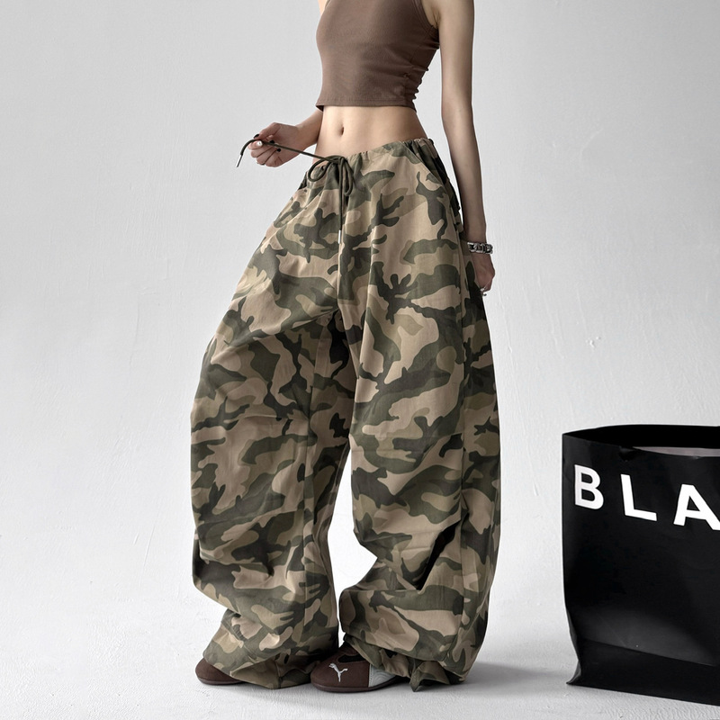 American Retro Camouflage Casual Cargo Pants for Women Summer Trendy Loose Hip-Hop Jazz Dance Parachute Pants