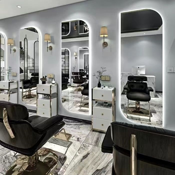 Espejo de peluquería simple, espejo especial de peluquería, espejo rojo con lámpara, espejo de pared, espejo de peluquería, espejo de peluquería
