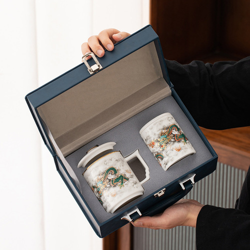Ceramic office water cup set with lid, filtered tea, separated tea can, company business companion gift, printed logo
