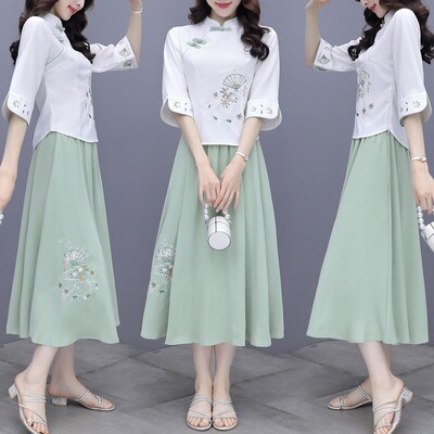 Cotton and hemp Retro suit 2022 summer new pattern Chinese style Hanfu Improvement cheongsam Two piece set skirt