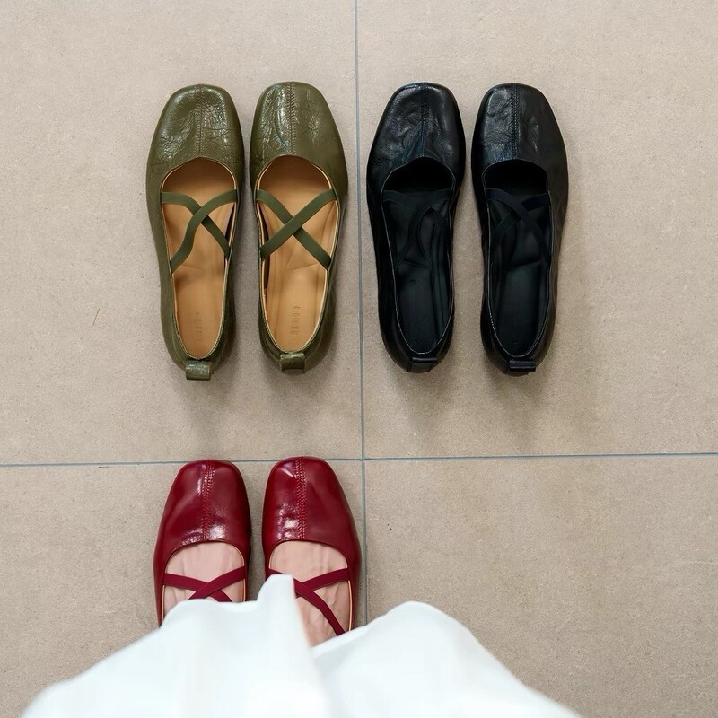 Cowhide version~Genuine leather square-toed women's flat shoes, comfortable ballet shoes with cross straps, suitable for pairing with skirts, Mary Jane shoes Cowhide version~Genuine leather square-toed women's flat shoes, comfortable ballet shoes with cross straps, suitable for pairing with skirts, Mary Jane shoes