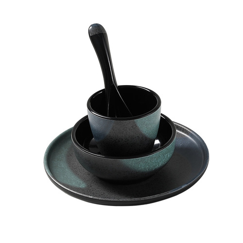 Set of 4 high-end melamine imitating porcelain tableware for hot pot restaurants, restaurants, and hotels, including plastic spoon, cup, bowl, and plate set