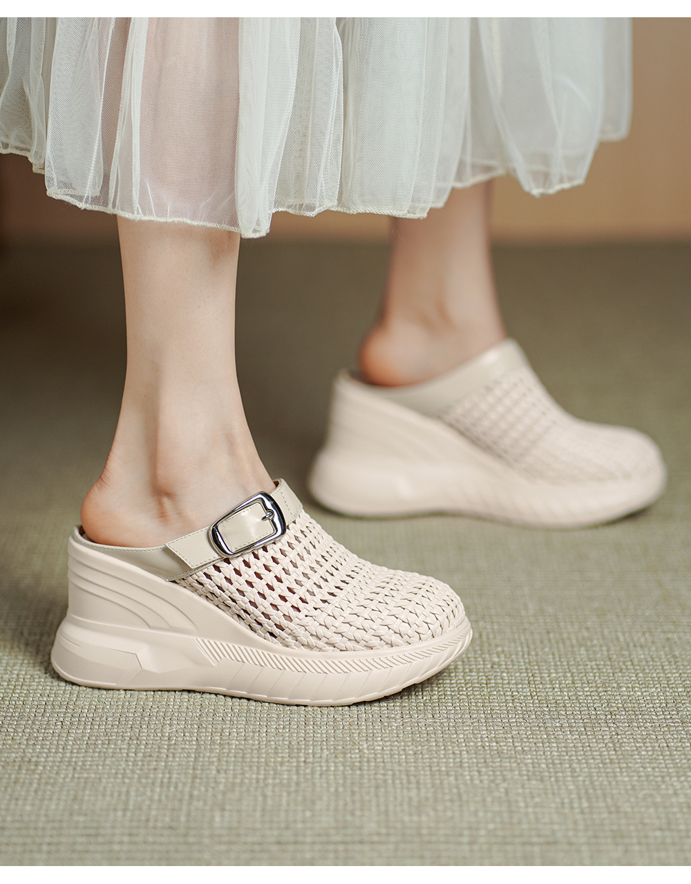 Sandal cao gót nữ mũi hở đế xuồng 8.5cm da thật kiểu La Mã đan lưới — màu đen, màu mơ chi tiết 5