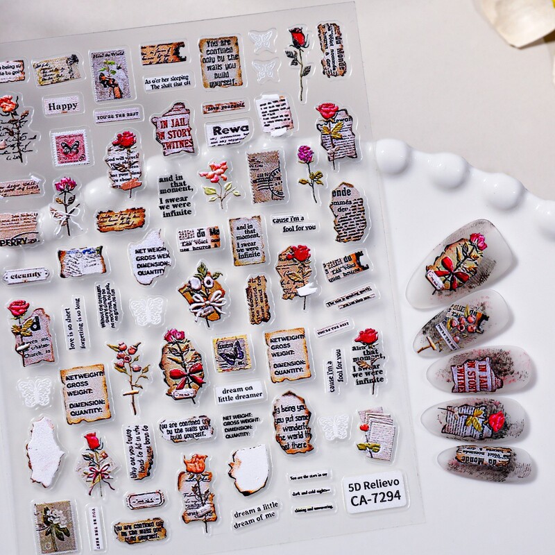 Retro Literary Style Old Newspaper Fragments Nail Art Accessories Embossed Stickers English Letters Roses Nails Bows