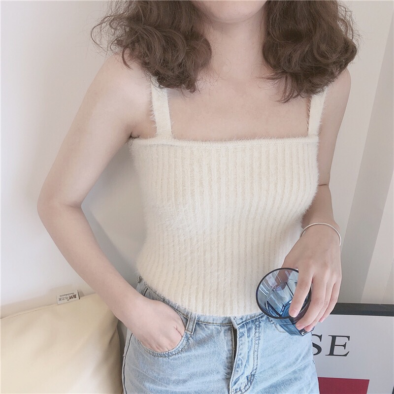 Wholesale New Style Gentle Style Sleeveless Knitted Camisole with Faux Rabbit Fur, Soft and Sexy Vest for Women to Wear Outside or Inside