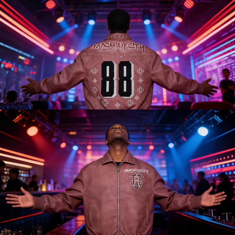 Original American-Style Trendy Brand Machiocity88 New Color Pink-Toned Quilted Leather Jacket with Heavy Embroidery and Rhinestone Embellishments