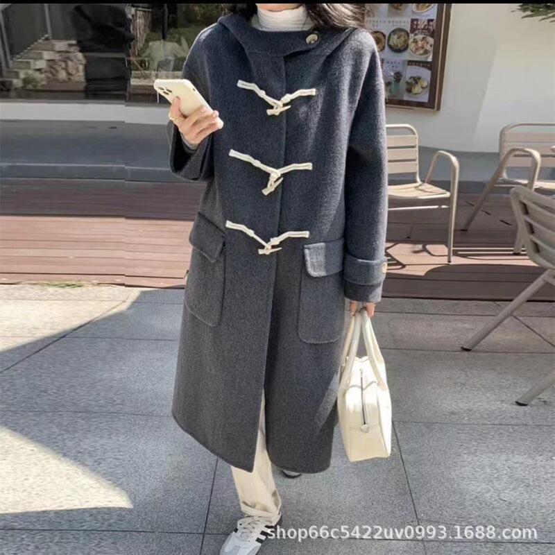 Han Xi 2025 Korean Style Casual Hooded Double-Sided Cashmere Coat for Women, Preppy Style with Toggle Buttons, Mid-Length Woolen Coat