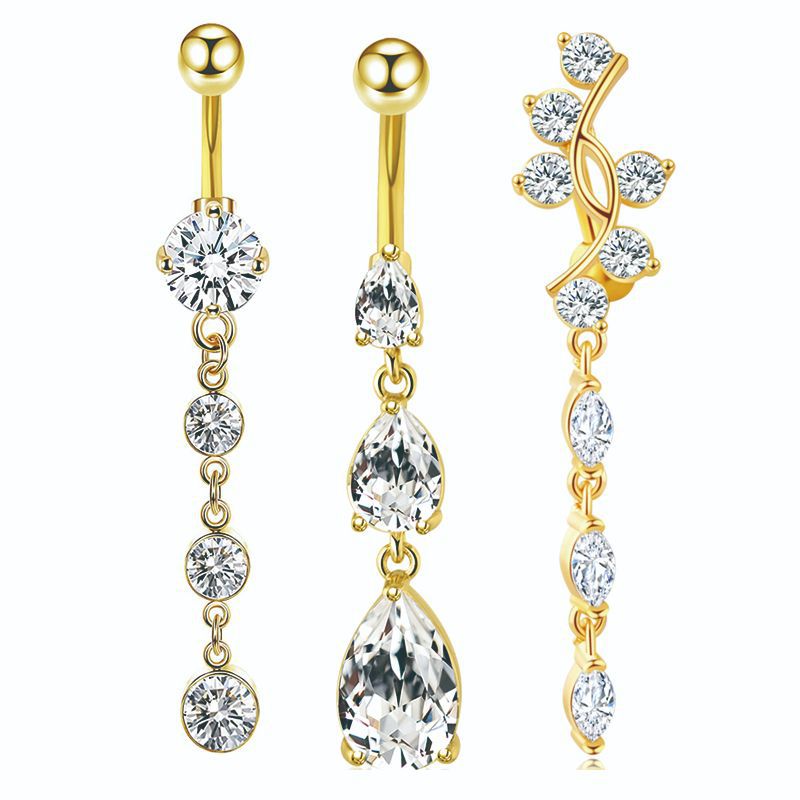 European American Style Golden Zircon Shambhala Rhinestone Belly Button Ring 3-Piece Set - Stainless Steel detail image 13