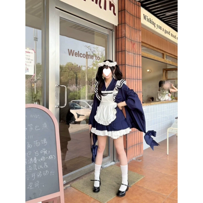 Новое японское платье-костюм в стиле лолита для женщин, коллекция 2025 года, с бантом контрастного цвета, поясом и фартуком, комплект из двух предметов.