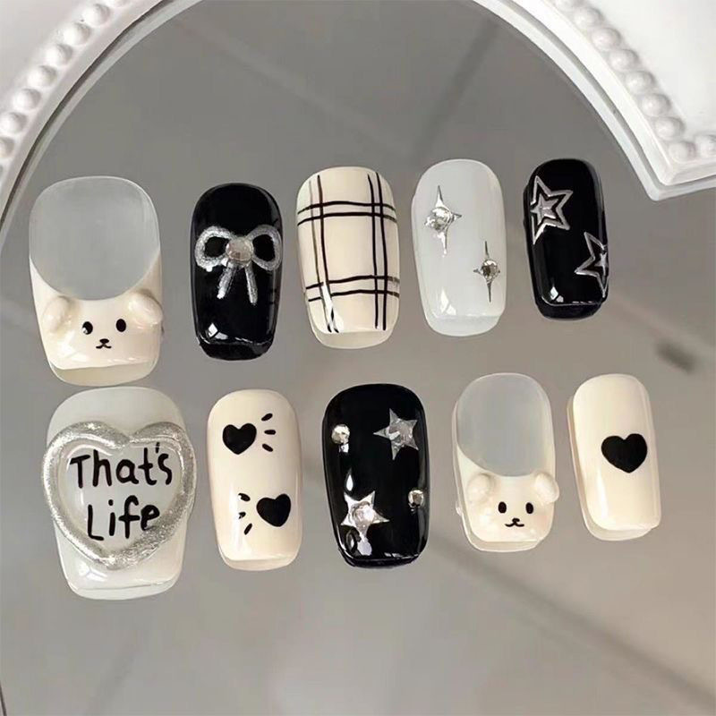 Ins Style Wear Armor Cute Pinch Puppy Black and White Sweet Cool Hand-painted Nail Art Patch Bow Graffiti Cartoon