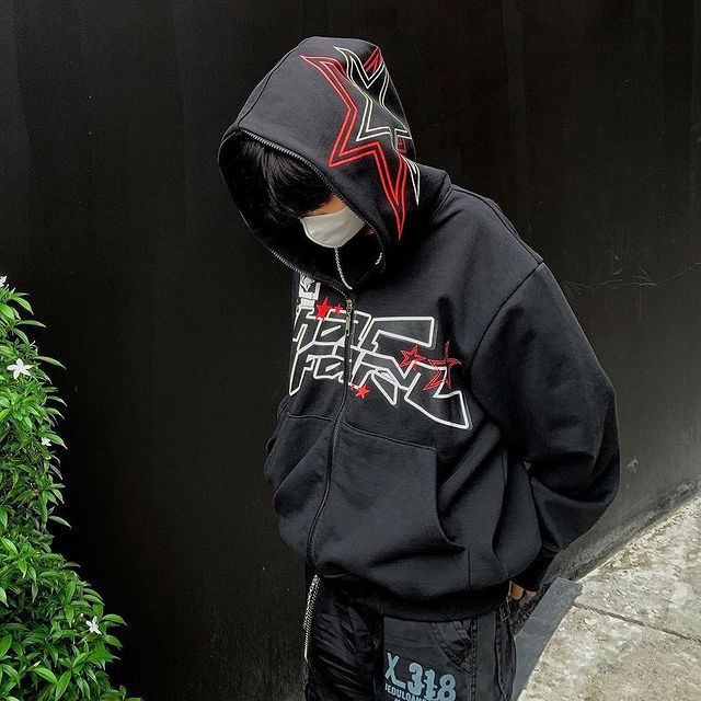 Felpa con cappuccio uomo zip gothic y2k stampa stelle street_voghion.com