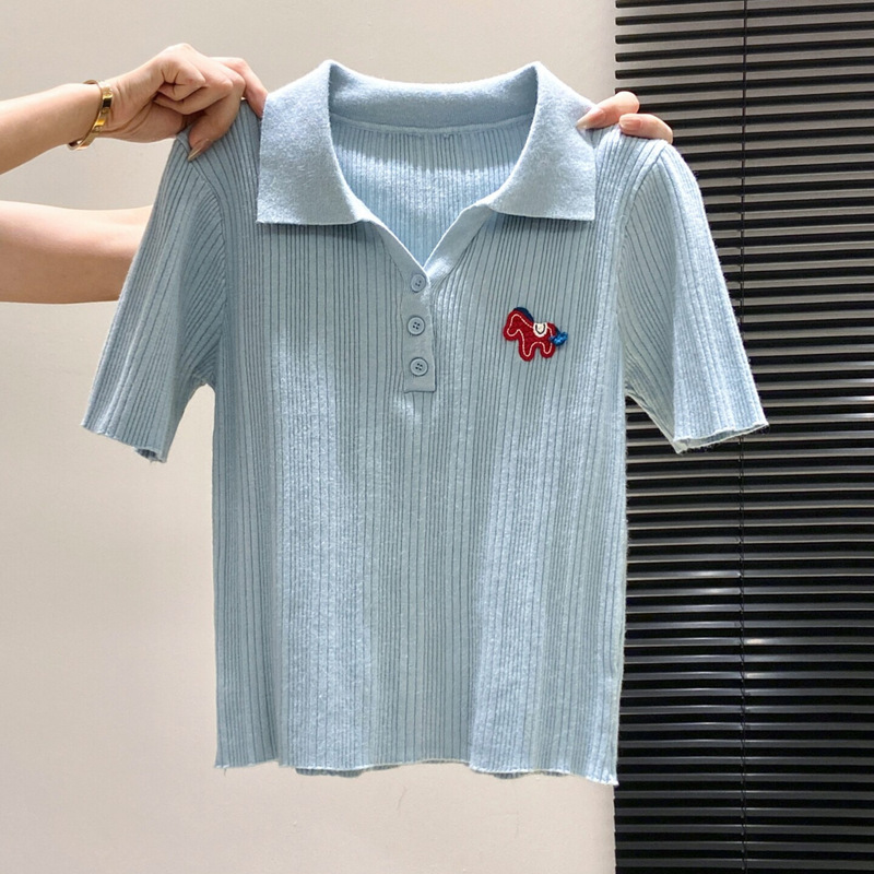 Pony Embroidery Polo Collar Short-Sleeve Knit Top for Women 2026 New Summer High-End Cute Slim-Fit Regular Shoulder Top
