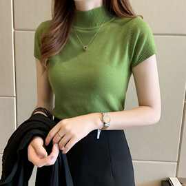 批发上衣夏季女薄款半高领打底衫女士t恤短袖多巴胺针织衫夏天