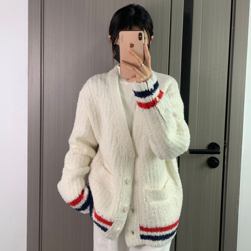 Factory Direct Sales of High-Quality New Spring and Autumn Women's Cardigans with Teddy Velvet Looped Color Stripes and Long Sleeves