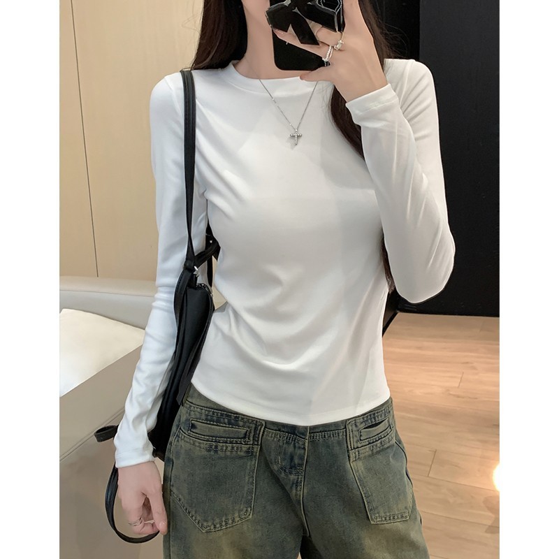 纯色德绒长袖T恤女秋冬季修身显瘦短款内搭打底衫加绒保暖上衣服|undefined