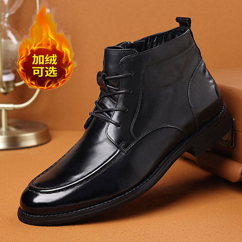 Bốt cổ ngắn nam da bò lớp đầu kiểu Martin, đế gỗ, gót thấp 1–3 cm — Mẫu đen bốn mùa, Đen lót lông