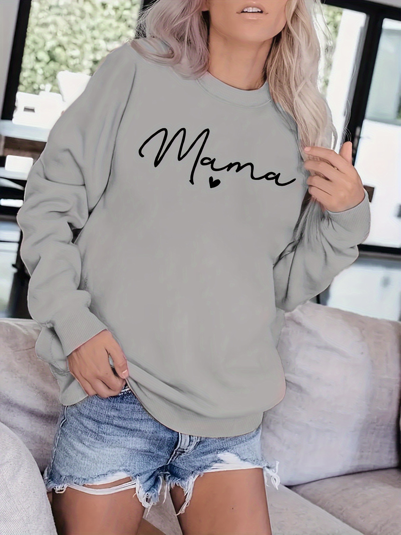 Mama Letter Printed Casual Round Neck Long Sleeve Sweatshirt, Women's White_voghion.com