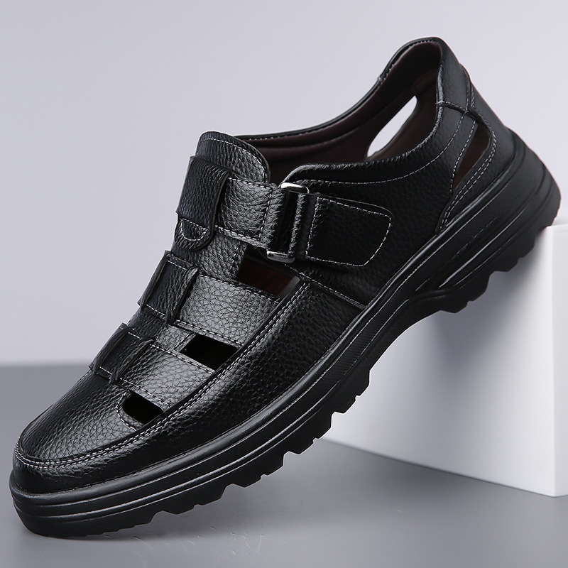 Cross-Border Casual Leather Sandals for Dad, Breathable Spring and Autumn Shoes, Summer Work Hollow Large Size 48 Non-Slip Leather Shoes