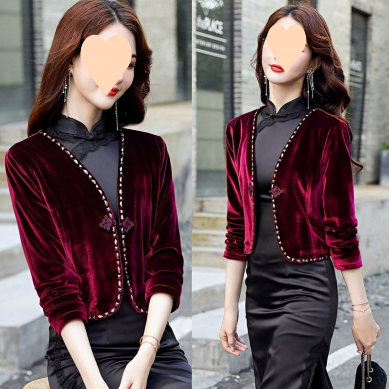 Short Coat Women's Spring and Autumn New Cheongsam Small Suit Retro Cardigan Small Waistcoat Long Sleeve Gold Velvet Outer Top