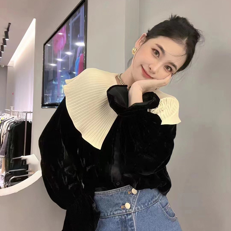 Shenzhen 2025 New Nanyou Women's European French Pleated Lapel Lotus Leaf Sleeve Velvet Top Shirt Women's Spring & Fall