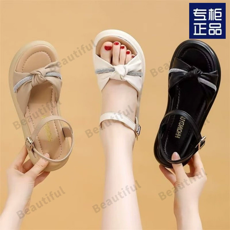 Женские плоские сандалии 2025, новые летние, модные, универсальные, повседневные, с мягкой подошвой, легкие, пляжная обувь, большой размер 40