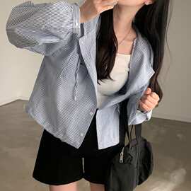 已出货～小个子气质条纹连帽长袖衬衫