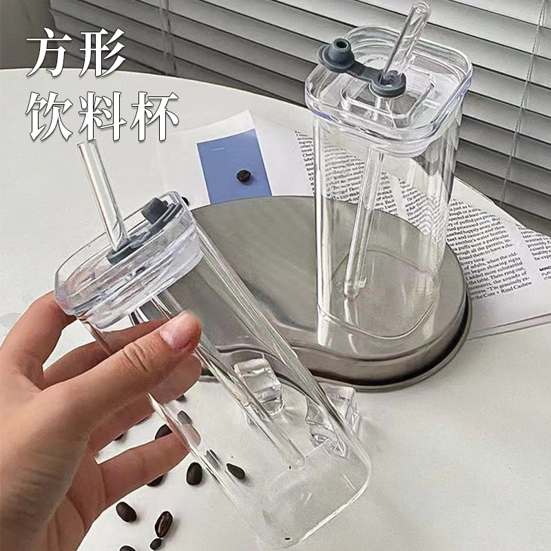 大容量水杯ins风学生简约家用便携式吸管杯玻璃杯带盖方形饮料杯