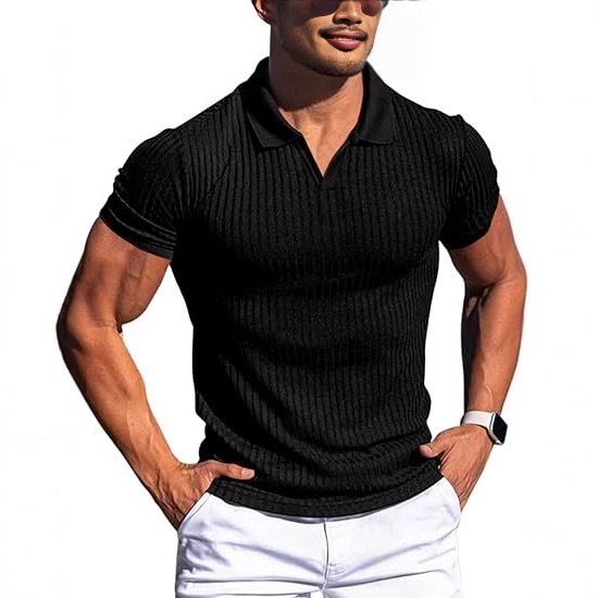 Cross-Border European and American Long-Sleeve Summer Aliexpress Amazon New Polo Shirt with a Turn-Down Collar, V-Neck, Vertical Stripes, Short-Sleeve Men's T-Shirt