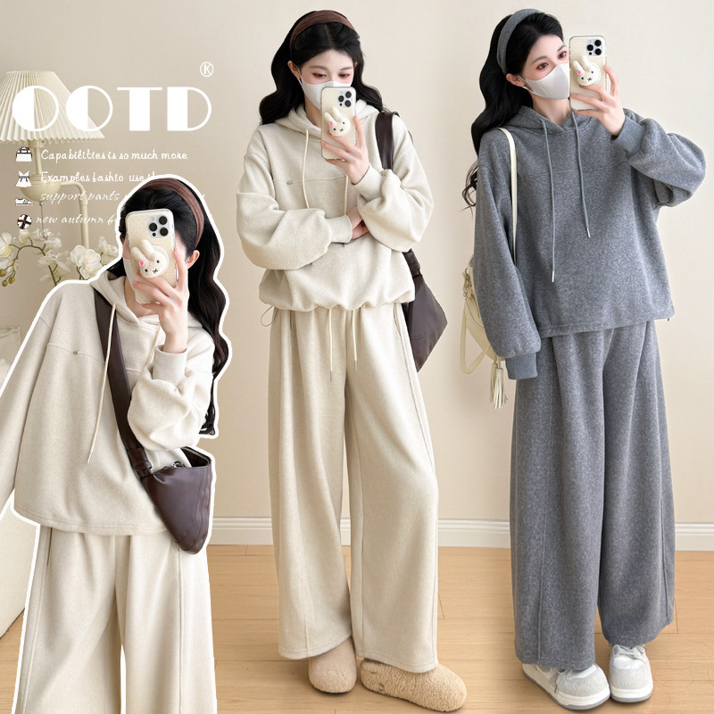 Maternity Wear Design, Winter Korean Style Simple Fleece-Lined Warm Hooded Sweatshirt, Casual Wide-Leg Pants, Fashionable Two-Piece Set