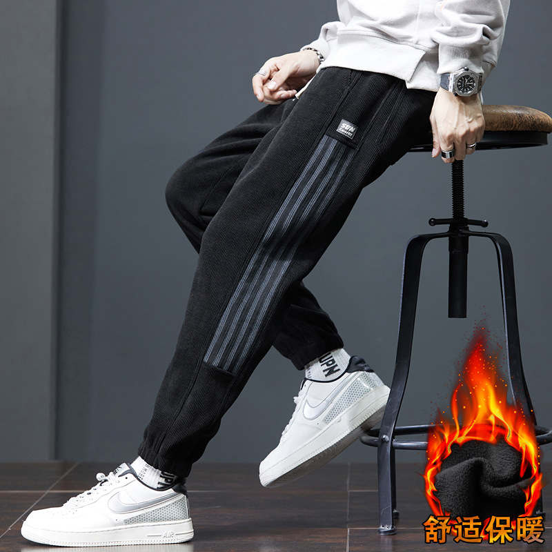 라이브 레드 황소-겨울 기모 두꺼운 코듀로이 캐주얼 발 바느질 느슨한 바지 기모