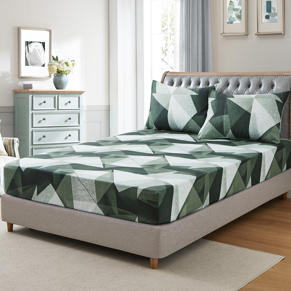 Emerald Green Triangle Geometric Fitted Bed Sheet - 3D Printed Polyester Elastic Bed Cover, Soft & Breathable, Multiple Sizes Wrinkle-Resistant_voghion.com