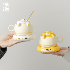 Haoran かわいい猫ティーコーヒーカップ茶水分離カップ個人用セラミックフィルター水カップティーコーヒーカップ