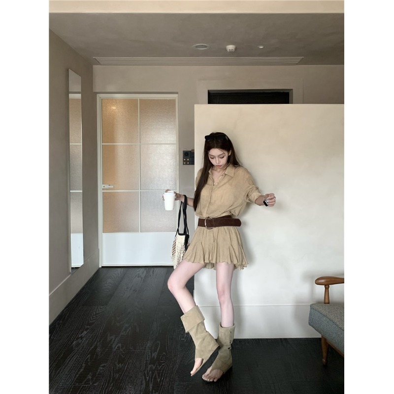 kumikumi センススリムラペル半袖シャツドレス女性の夏のレトロな気質プリーツスカートショートスカート|undefined