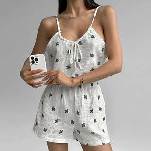 European and American 2025 Cross-border New Sling Strap Shorts Pajamas Two-piece Cotton Love Printed Women's Home Clothes