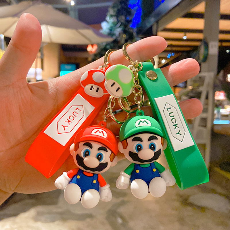 Dibujos animados de dibujos animados Mario llavero lindo coche clave colgante clave cuerda muñeca bolsa colgante llavero