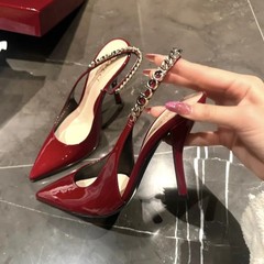 ZA の同じスタイルのパテントレザーメタルチェーンスティレットサンダル女性用 2025 春夏新スタイル気質ポインテッドトゥハイヒール女性用