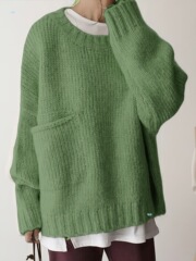 Elegant Plus Size Teal Crew Neck Sweater with Pockets Ribbed