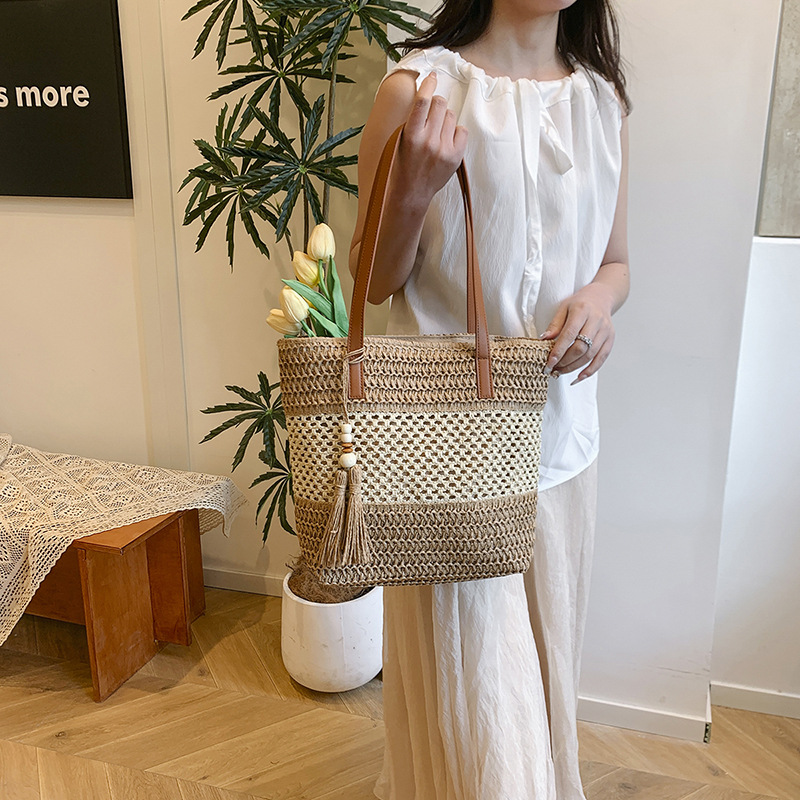 Hand-Woven Women's Straw Bag - Travel Handbag, Shoulder Bag, Beach Bag, Vacation Tote - Thumbnail 3
