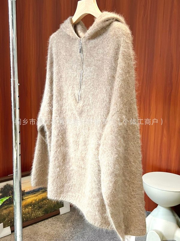 衣号拉毛加厚帽衫宽松100绵羊毛毛衣女 纯色保暖针织衫25秋冬韩系|undefined