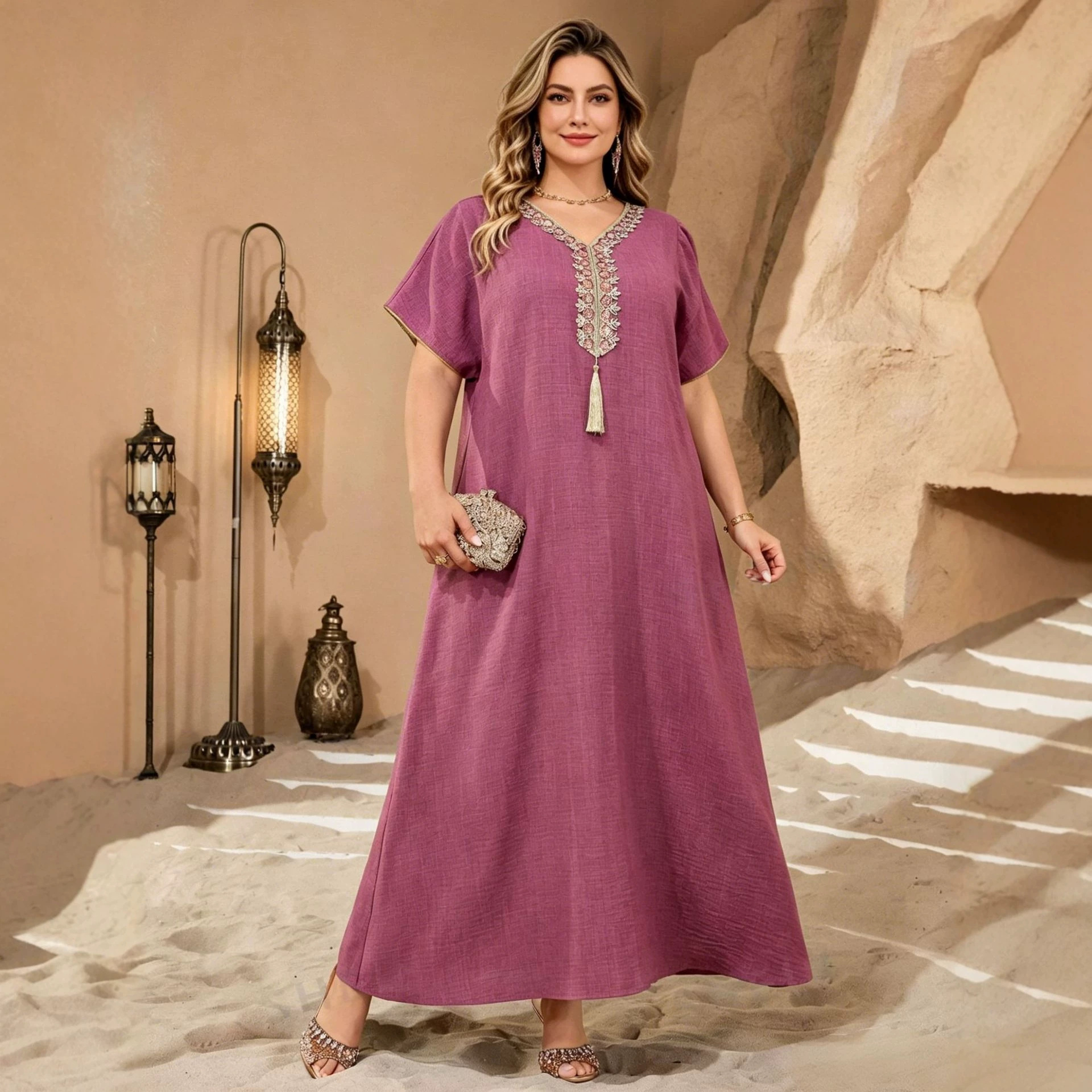 Cross-border women's V-neck embroidered tassel loose-fitting casual wear for home or outdoor wear, slimming short-sleeved cotton and linen plus size long robe