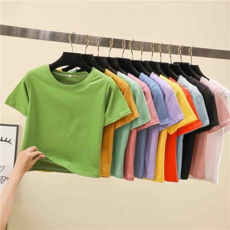 INS Camiseta corta de manga corta ropa de verano de las mujeres con fugas en el ombligo slim fit camisa de fondo corta cintura alta color sólido deportes top