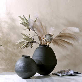 黑色中古侘寂风花盆粗陶干花瓶民宿软装陶罐样板间插花器摆件藕色