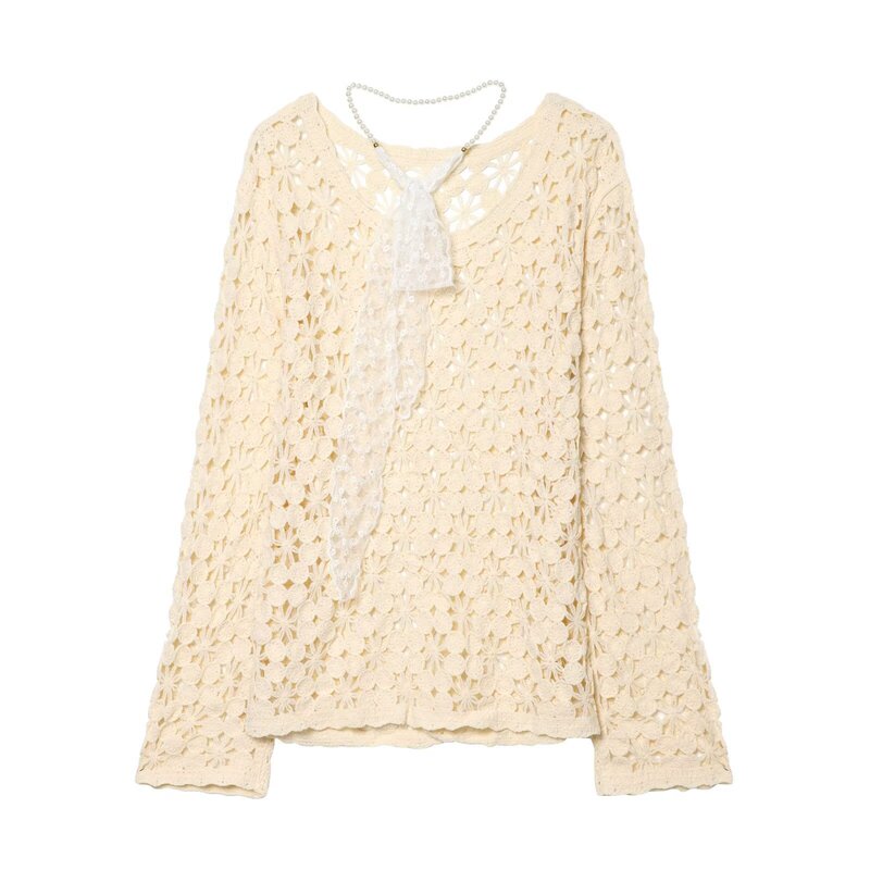 Taop&Za Women's Clothing 2026 Summer New Style Loose, Lazy and Comfortable Style Round Neck Crochet Cut Out Long-Sleeved Knitwear
