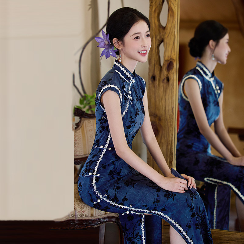 蓝色无袖国风中式长款旗袍改良年轻款2025新款女复古修身弹力收腰|undefined