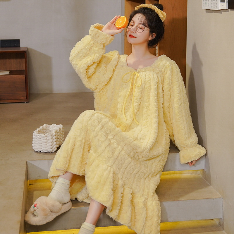 (2개) 가을과 겨울 산호 플리스 나이트드레스 여성용 긴팔 무릎 위 따뜻한 플러스 벨벳 두꺼운 플란넬 무릎 위 대형 사이즈 홈 의류