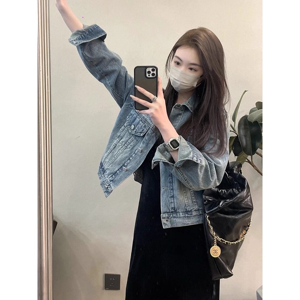 Áo khoác denim nữ dáng ngắn rộng rãi , dài tay, mùa thu đông — 2XL ([trọng lượng tham khảo 140-155 kg]), L ([Tham khảo trọng lượng 110-125 kg]), M ([Tham khảo cân nặng 100-110]), S (【trọng lượng tham chiếu 80-100 】)